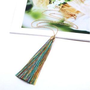 Long Gold Tone  Multicolor Fringe Pendant Necklace